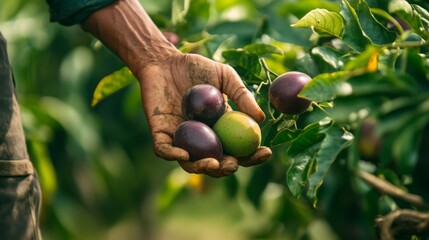 Obraz premium Close-up of Hand Holding Passion Fruit and Unripe Fruit on Branch