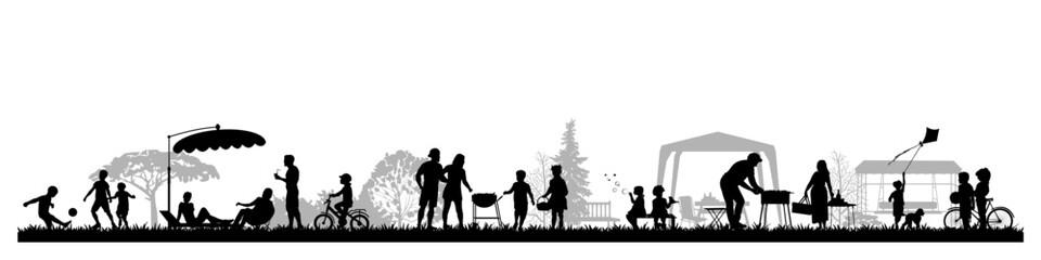 Family silhouettes. Groups of people, father, mother and children had a picnic in nature. Vector illustration	
