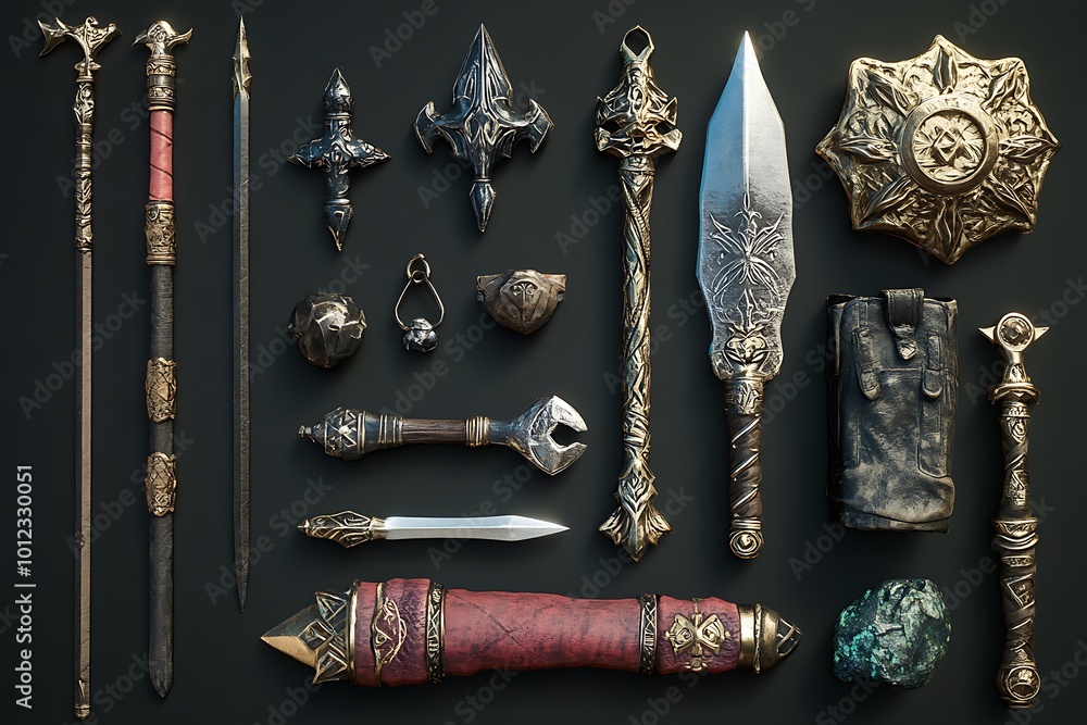 Poster fantasy medieval weapon collection on black background. game ui and rpg assets