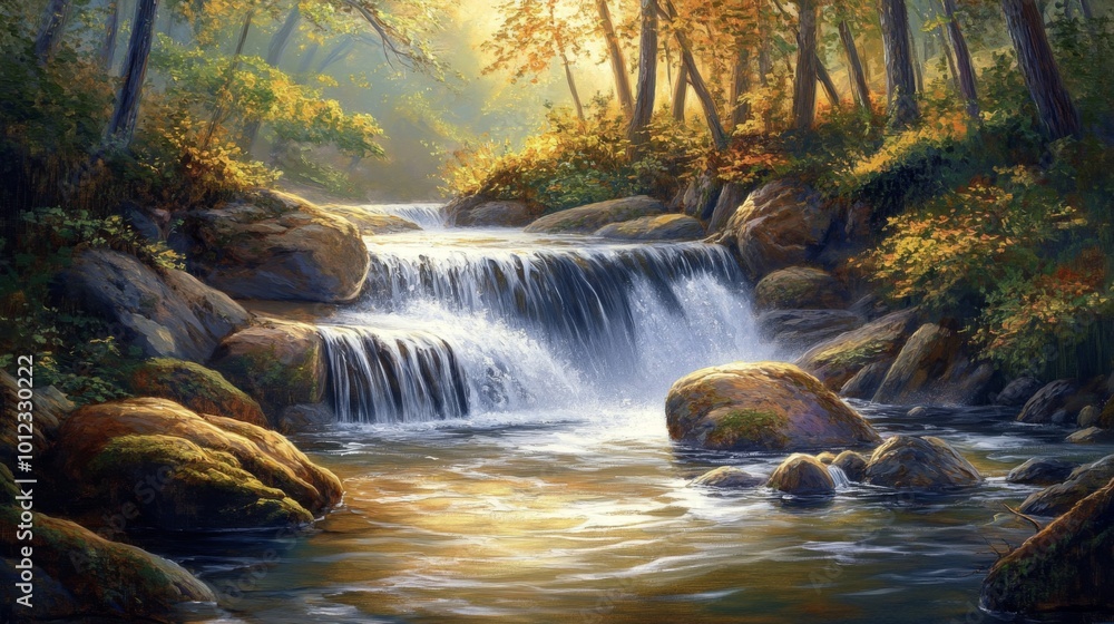 Poster a cascading waterfall flows through a lush forest, sunlight filtering through the leaves and illumin