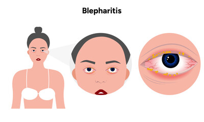 Blepharitis eye disease. Ophthalmology Inflamed sick human eye. 