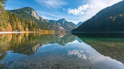 Obraz premium Tranquil Mountain Lake Reflections Amidst Autumn Colors
