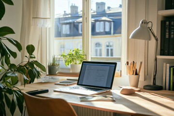 A laptop is on a desk in front of a window