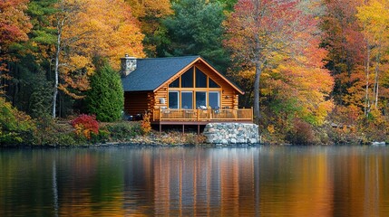 Fototapeta premium Cozy Cabin Retreat in Autumn Landscape