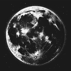 Moon with detailed rugged surface texture, craters and high contrast in stippling style. Grunge black and white retro styled dotwork. Pointillism. Noisy grainy shading using dots. Vector illustration © 3d_kot