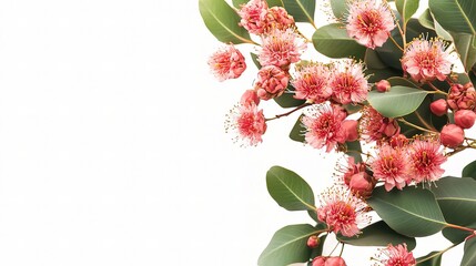 Vibrant Pink Flowers with Green Leaves on White Background