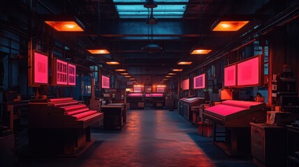 An empty, dimly lit industrial space with red lights and vintage machinery.