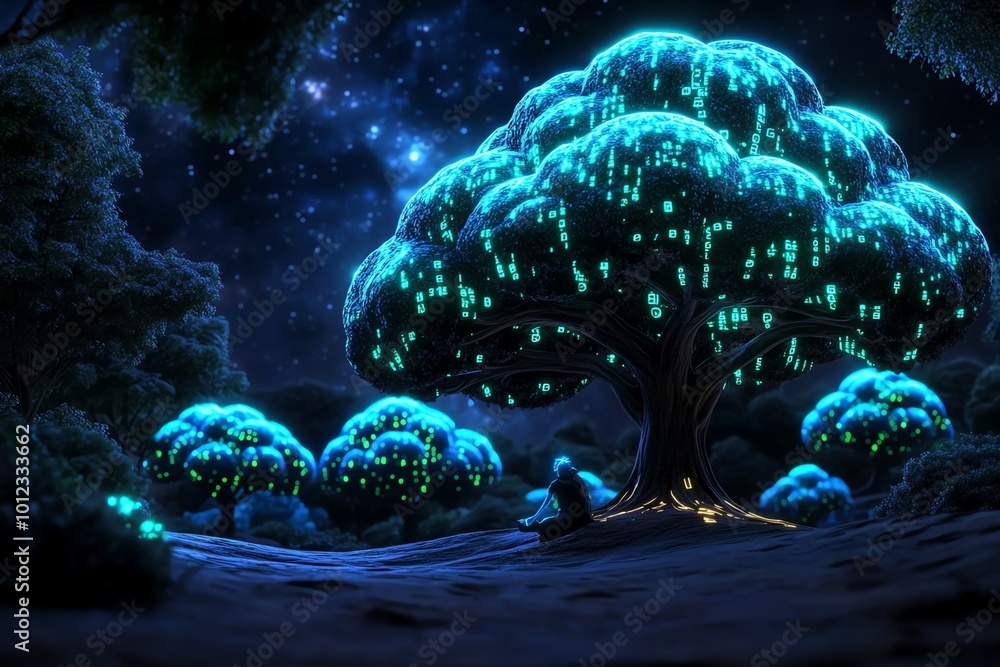 Poster A magical forest where trees hold encrypted data, with a thief unlocking the secrets, representing data theft in a fantastical, enchanted world