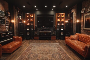 A home theater room with a large screen, multiple speakers, a leather couch, and a brick wall.