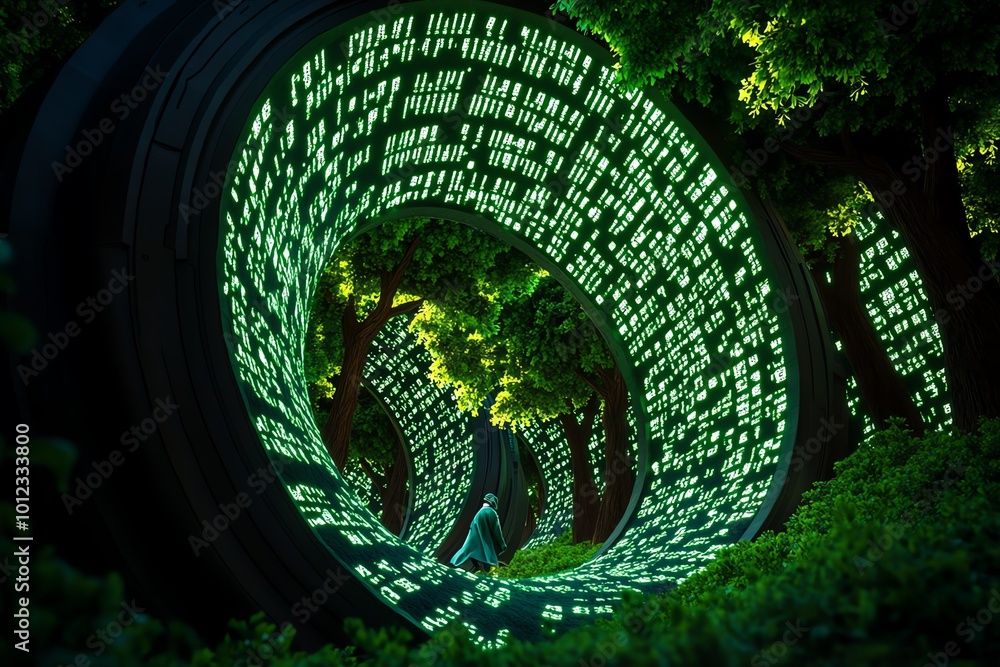 Poster A magical forest where trees hold encrypted data, with a thief unlocking the secrets, representing data theft in a fantastical, enchanted world