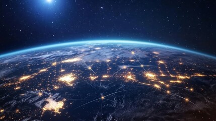 Obraz premium Night planet Earth, network light lines linking continents. International business and communication system. generative ai