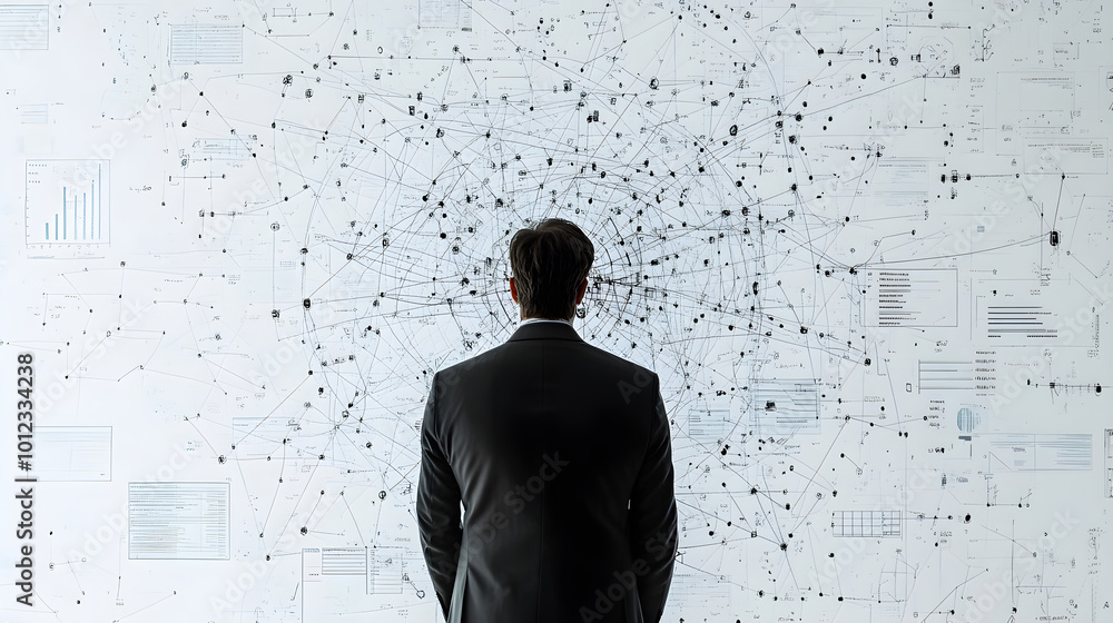 Poster a businessman in the center of a web made of flowcharts and strategy maps