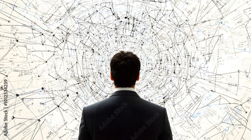 Poster a businessman in the center of a web made of flowcharts and strategy maps