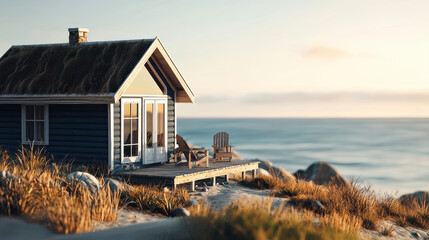 A charming coastal cabin on a sandy bluff, overlooking the expansive ocean, surrounded by grass and tranquility.