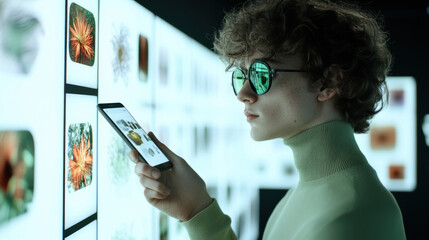 A young person interacts with a digital display, merging human curiosity with technological innovation in a futuristic, ambient setting.