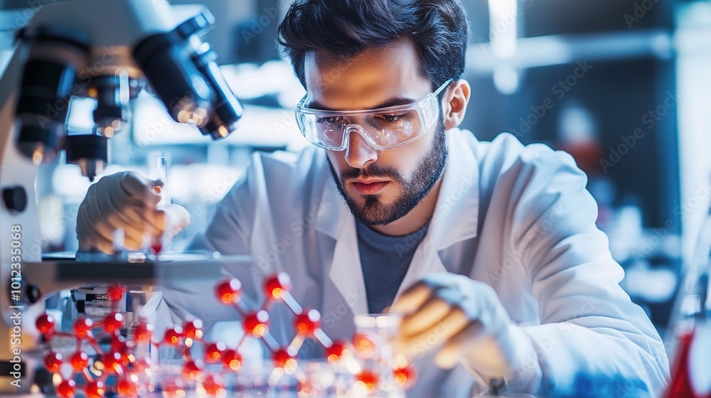 Poster scientist analyzing samples under microscope in lab