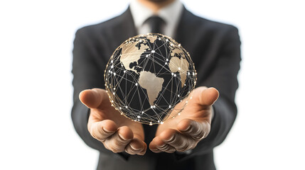 A businessman holding a globe with digital networking lines connecting people and business hubs around the world