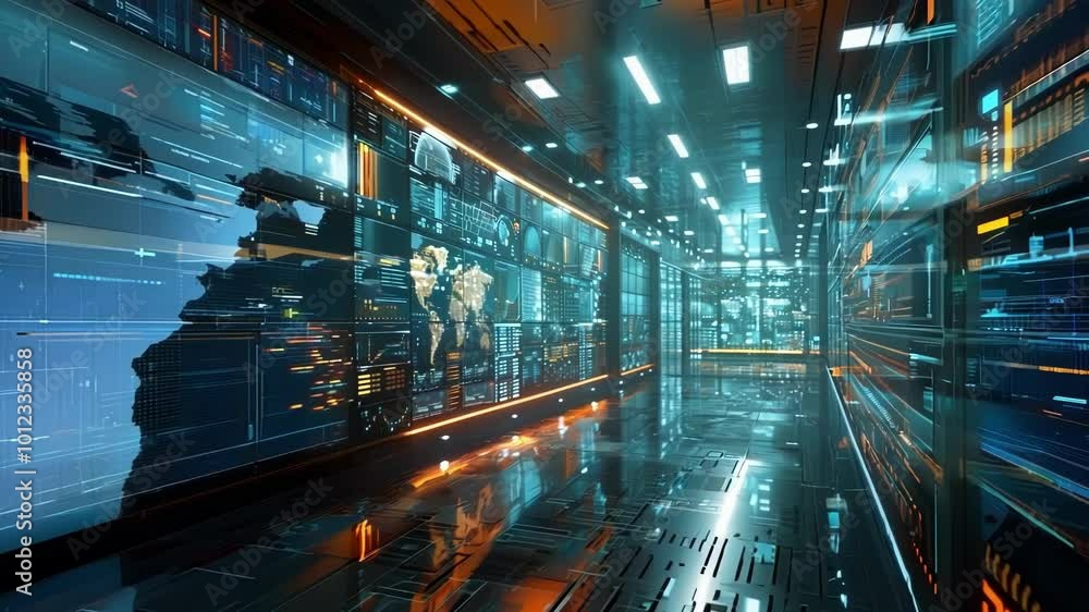 Poster glowing financial charts and world maps are displayed on monitors, creating a futuristic atmosphere 