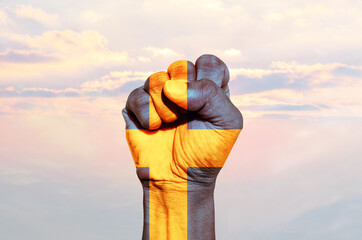 Man hand fist of Sweden flag painted, fist flag, Strength, Power, Protest concept.