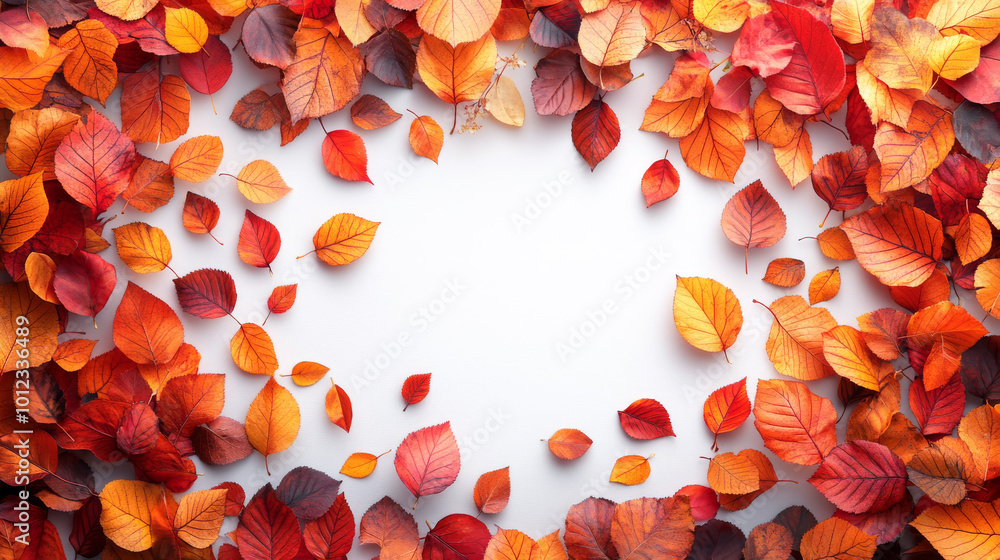 Canvas Prints Autumn leaves frame a white background.