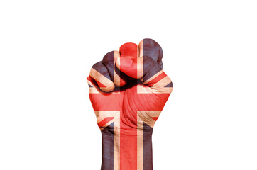 Man hand fist of United Kingdom flag painted, fist flag, Strength, Power, Protest concept.