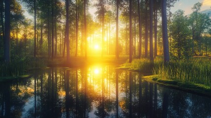 Tranquil Sunset Reflected in Serene Forest Pond