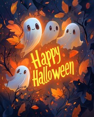 Text Happy Halloween with ghosts in forest.