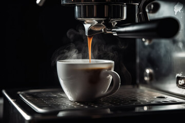Fototapeta premium Espresso pouring into a cup with steam rising