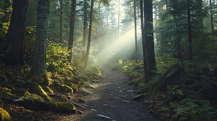 Serene Forest Path with Sunlight Through Trees