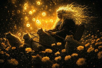 Freya Riding a Chariot Pulled by Cats Through a Flower Field in Golden Sunlight