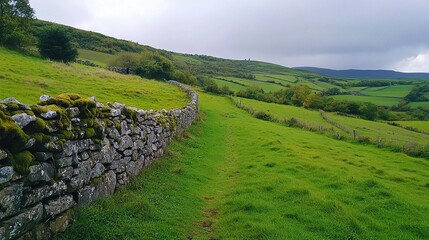 Serene Green Landscape with Stone Wall