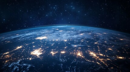 Obraz premium Night planet view from space, light paths of communication connecting continents. Concept of global connections and technology. generative ai