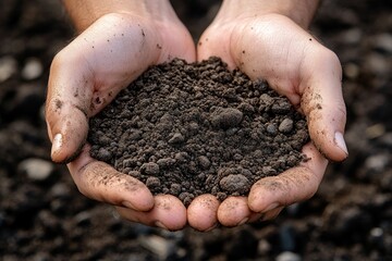 Close-up of hands holding a handful of dark brown soil.