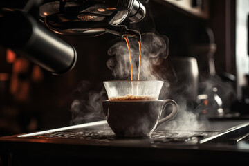 Close-up of espresso brewing with steam from a coffee machine