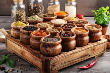 A vibrant display of various spices in wooden bowls