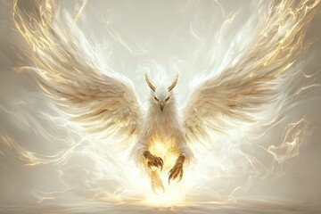 Fototapeta premium Majestic Griffin with Wings Outstretched Dissolving into Mist on White Background for Copy