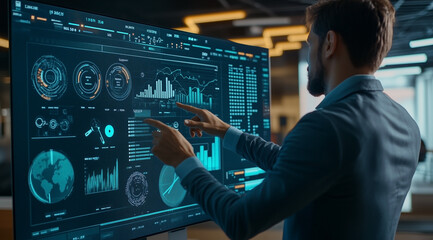 A professional man in business attire stands before an interactive digital wall displaying various graphs and charts with data visualization graphics.