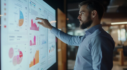A professional man in business attire stands before an interactive digital wall displaying various graphs and charts with data visualization graphics.