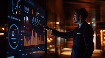 A professional man in business attire stands before an interactive digital wall displaying various graphs and charts with data visualization graphics.