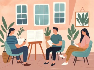 Friends gathered reading and talking