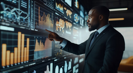A professional man in business attire stands before an interactive digital wall displaying various graphs and charts with data visualization graphics.