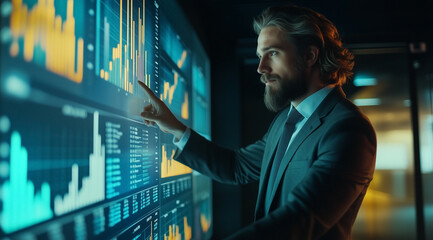 A professional man in business attire stands before an interactive digital wall displaying various graphs and charts with data visualization graphics.
