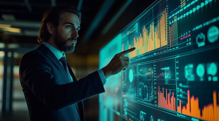 A professional man in business attire stands before an interactive digital wall displaying various graphs and charts with data visualization graphics.