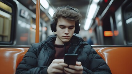 Young man in headphones looking at a smartphone on a train.