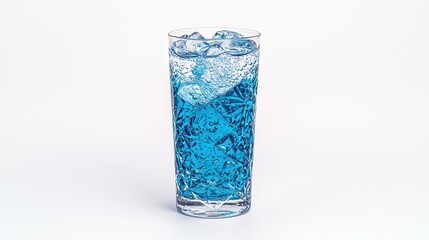 Refreshing Blue Raspberry Soda with Bubbles and Ice Against Bright White Background