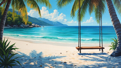 Deserted Beach with Palm Tree Swing