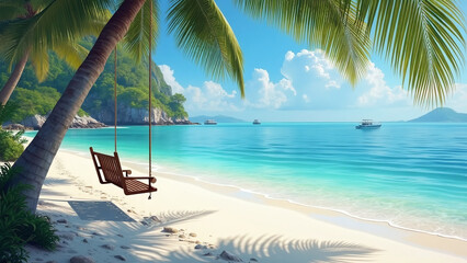 Deserted Beach with Palm Tree Swing
