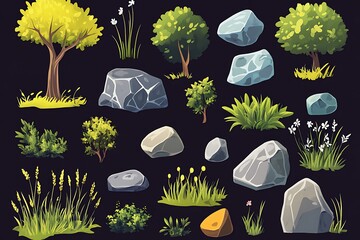 Cartoon Nature Elements,  Trees, Rocks, Grass, and Flowers for Game Design