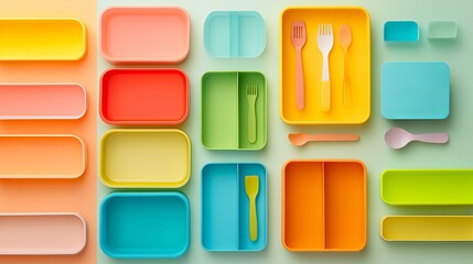 A collection of colorful plastic containers with labels is arranged in a playful layout on a textured surface, highlighting their versatility for crafting or organizing supplies. This vibrant display 