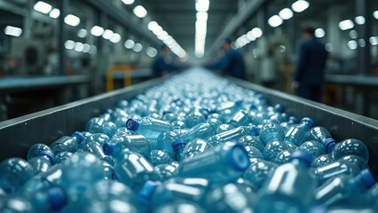 Obraz premium Plastic Bottles on Conveyor Belt in Industrial Setting